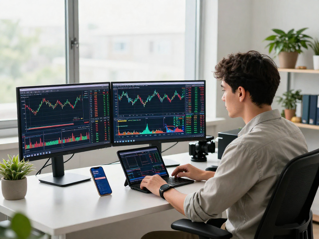 Trader using metatrader 5 in a modern trading environment with multiple monitors and market data.
