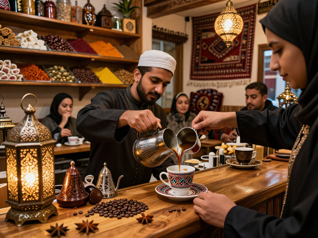 قهوجي يقدم نوع من القهوة العربية في مقهى تقليدي مريح