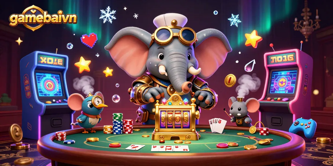Engage with gamebaivn's vibrant poker scene featuring a steampunk elephant at a golden slot machine.