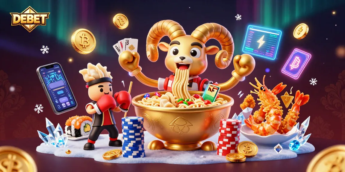 DEBET delivers a vibrant 3D scene showcasing a golden ramen bowl dealer in an exciting crypto casino.