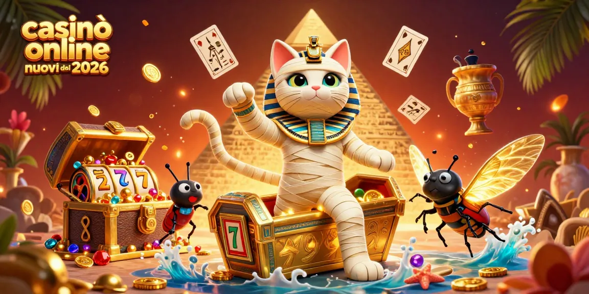 Casinò online nuovi del 2026 con un gatto mummia egiziano in un casinò piramidale, circondato da simboli di gioco e tesori marini.