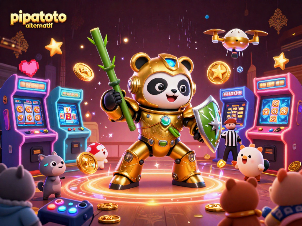 Pilot the mech-suit panda in a lively casino arcade featuring vibrant pipatoto alternatif elements.