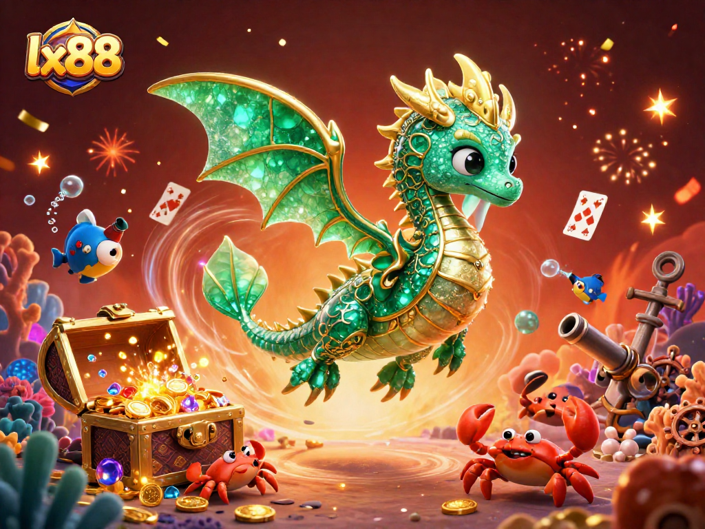 Experience lx88 as the sea dragon guards treasures amidst vibrant casino elements and festive celebrations.