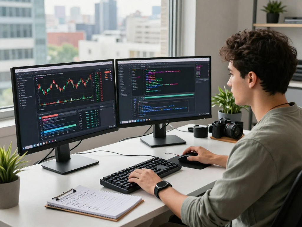 使用美股WebSocket推送接口的实时股市数据开发环境，软件工程师专注于工作，周围设备现代且高效。