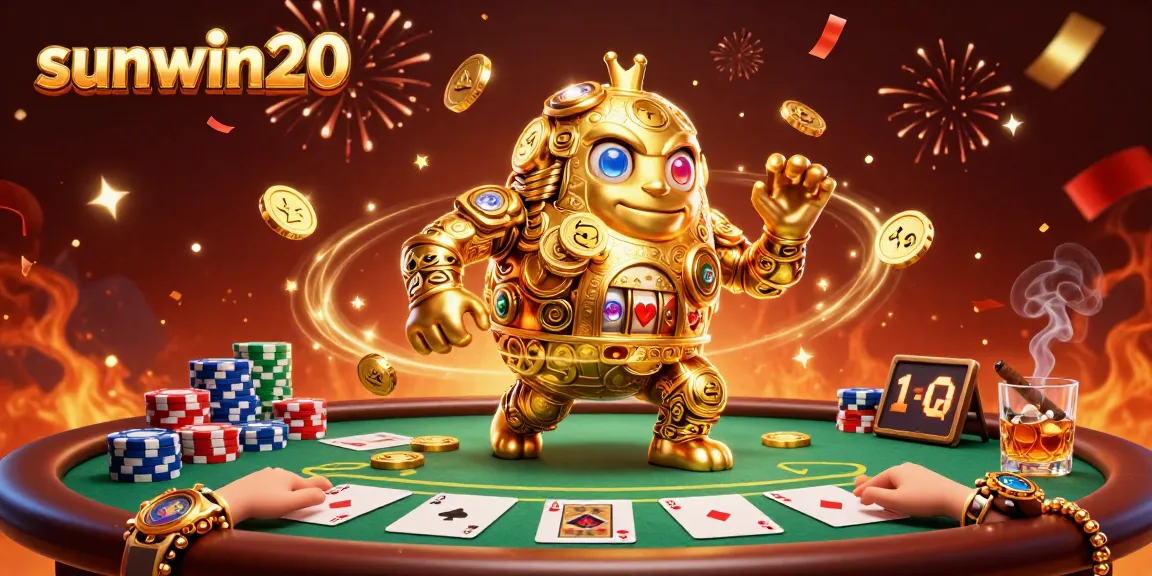 Engage with sunwin20 at a vibrant poker scene featuring a golden golem, chips, and festive elements.