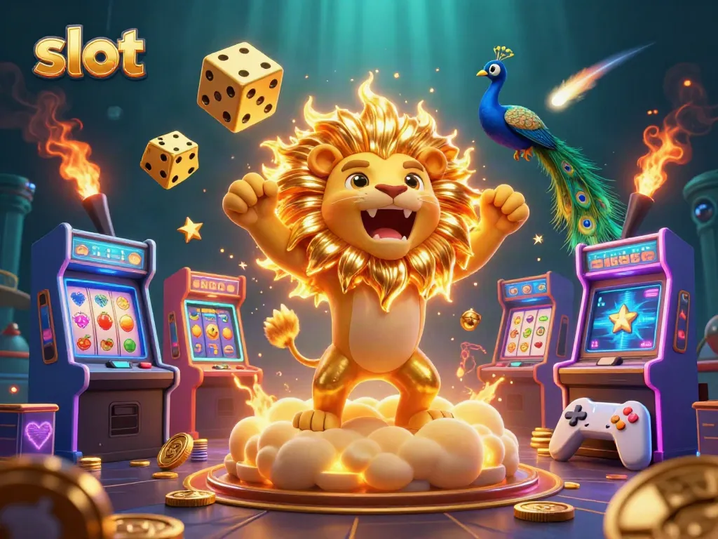 Gambler merasakan sensasi slot dengan simbol buah dan dadu keemasan di ruang permainan yang semarak.