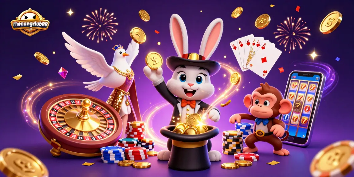 Experience the thrill at menangclub88 with magical wins and vibrant casino elements in a dynamic illustration.