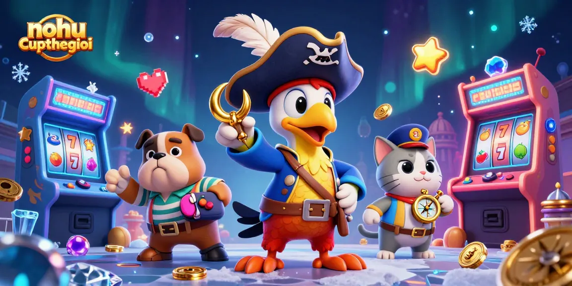 Nohu-cupthegioi showcases a vibrant casino scene with a pirate captain and game elements.