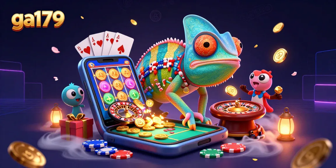 Engage with ga179’s vibrant casino atmosphere featuring a cartoon chameleon and dynamic gaming elements.