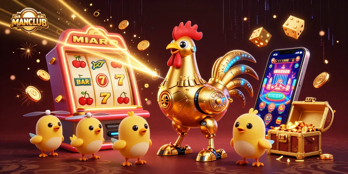 Watch MANCLUB's golden rooster robot and baby chick drones engage in a dynamic slot machine jackpot.