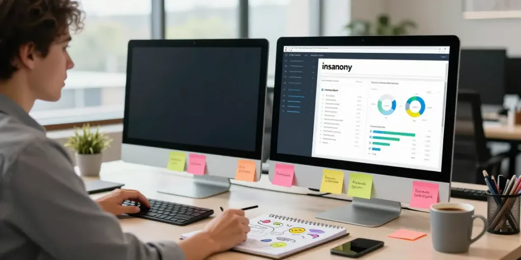 Marketing expert analyzing insanony metrics in a vibrant workspace.