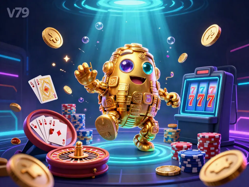 Experience the thrilling atmosphere of v79 with golden golems and casino elements flying around.