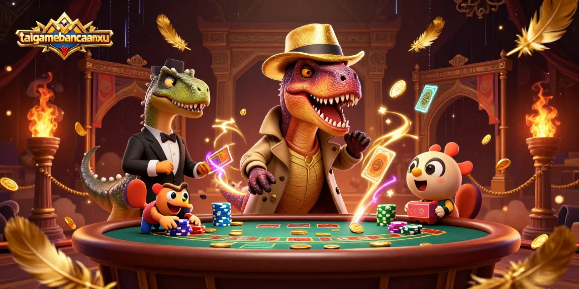 Engage in thrilling gaming action with taigamebancaanxu featuring cartoon velociraptor and colorful casino elements.