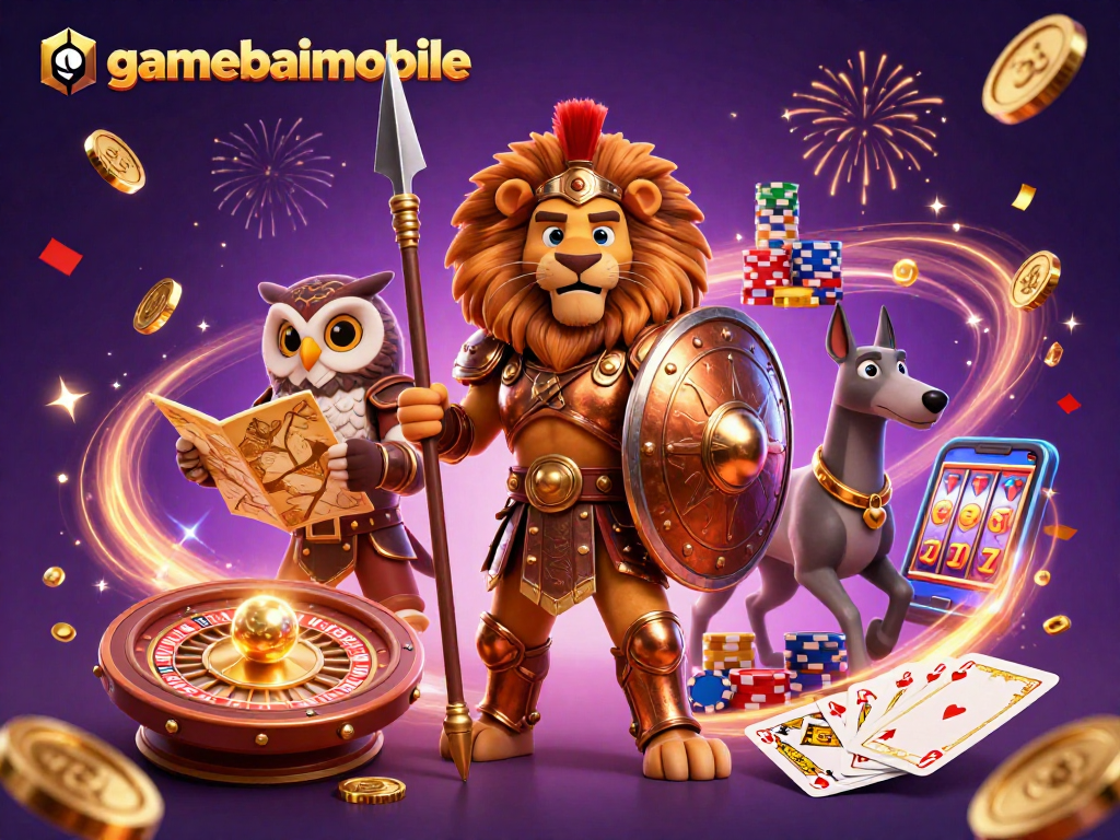 Gamebaimobile presents a vibrant 3D scene showcasing strategic casino thrills with characters and elements.