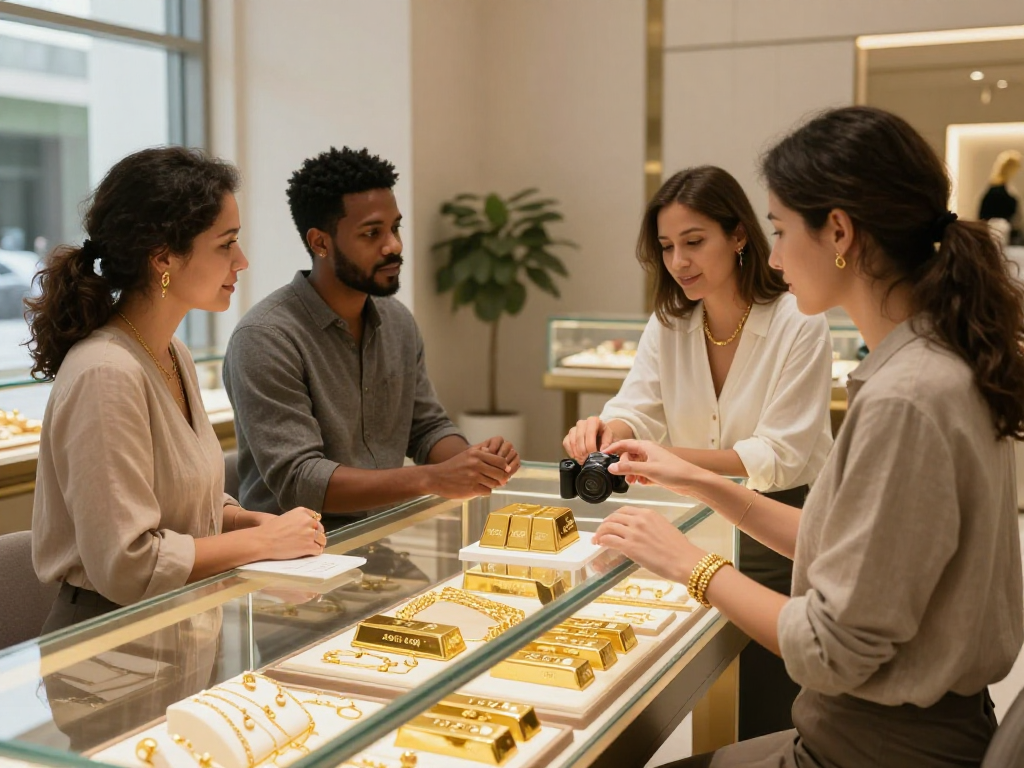 mantra88 jewelry display with gold items, expert consultation in upscale store