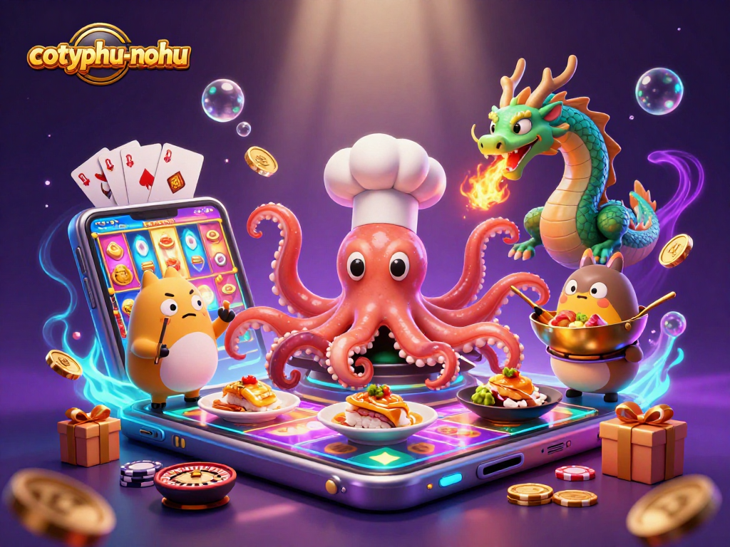 Cotyphu-nohu captures the thrill of online gaming with a vibrant 3D scene of characters and dynamic casino elements.