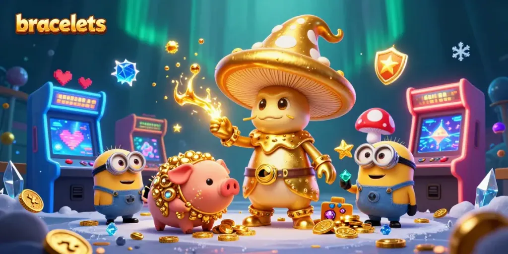 Experience premium bracelets with a golden mushroom wizard in a dynamic casino scene.