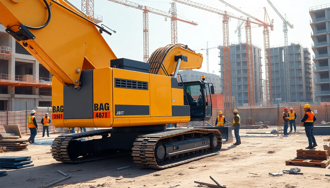 Excavator demonstrating versatility on a vibrant construction site.