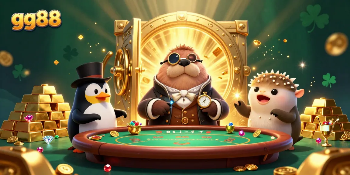 Engage in thrilling gameplay at gg88 with a playful walrus and penguin dealer amidst treasure.