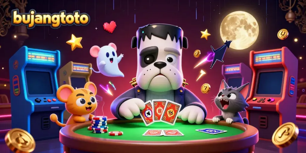 Experience thrill with bujangtoto at a spooky casino table, featuring unique 3D characters.