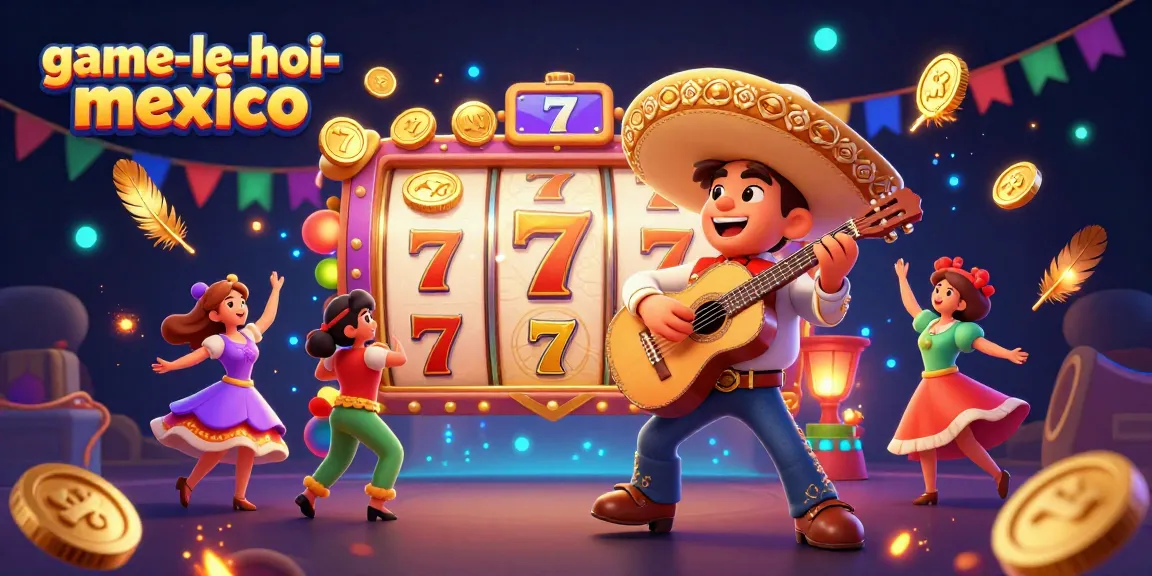 Experience the excitement of game-le-hoi-mexico with colorful slot reels, mariachi musicians, and vibrant festival elements.