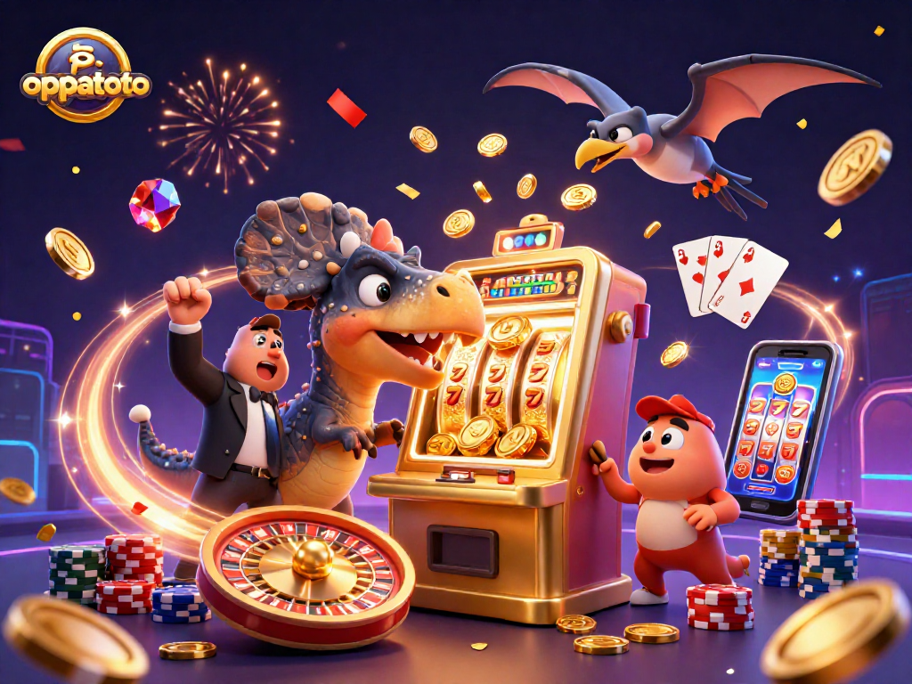 Catch the excitement of oppatoto as the pachycephalosaurus wins big at the slot machine amidst cascading coins.