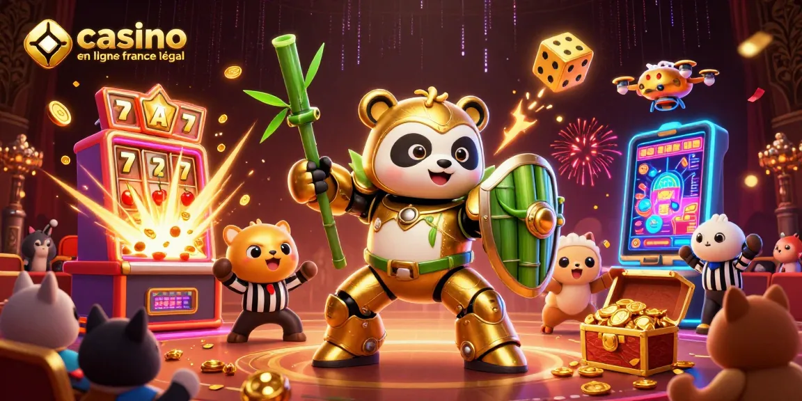 Découvrez un casino en ligne légal en France où un panda doré pilote un robot, entouré de machines à sous et de jeux colorés.