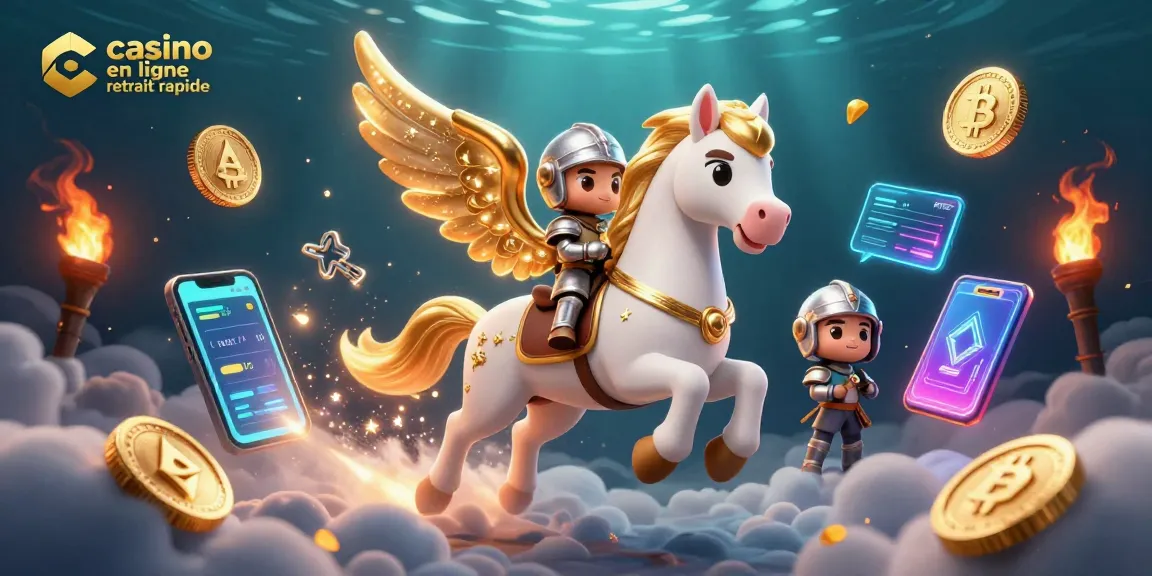 Un moment captivant avec casino en ligne retrait rapide illustrant un cheval céleste et un personnage en armure parmi des éléments de jeu.