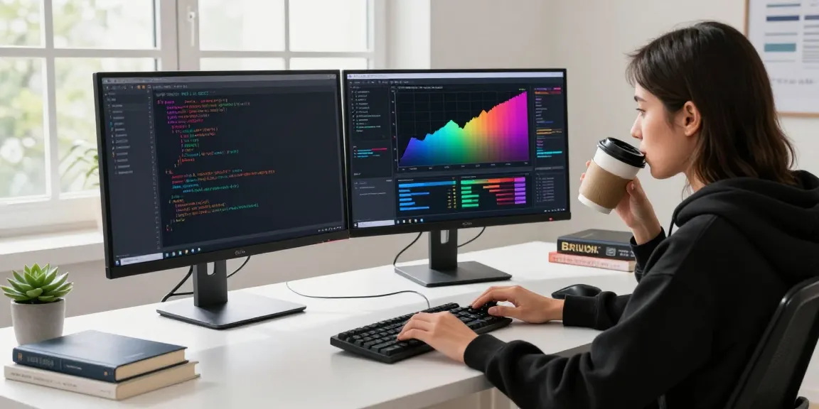 Workspace focused on GPU computing with a developer analyzing metrics on dual monitors, conveying innovation and technology.