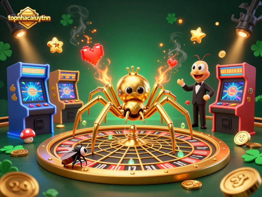 Experience thrilling bets at topnhacaiuytinn, where a golden spider spins a roulette web in a vibrant casino atmosphere.