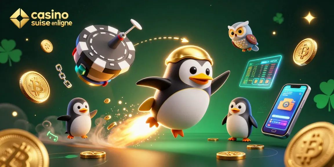 Illustration immersive de casino suisse en ligne, mettant en scène un pingouin doré propulsé par une fusée