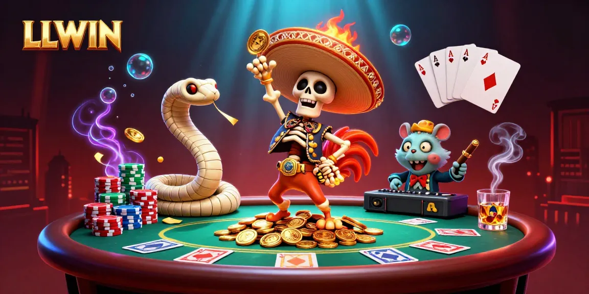 LLWIN showcases a lively scene with a dancing mariachi rooster and engaging casino elements, highlighting online gaming excitement.
