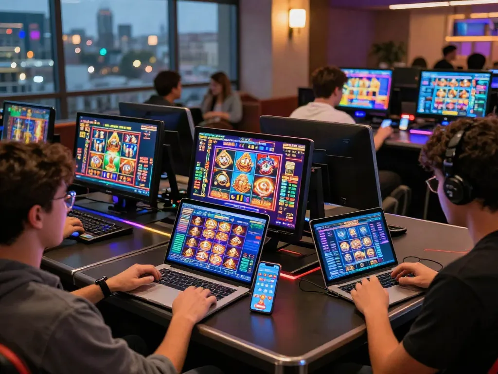 Players engaged in colorful slot game session on multiple devices with lively gaming atmosphere