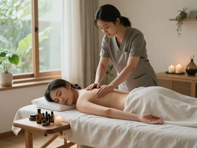 Relaxing 부천출장안마 experience with a professional therapist in a serene home environment, highlighting comfort and tranquility.