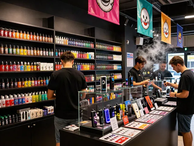 Customers exploring Clown vape juice products in an inviting shop setting.