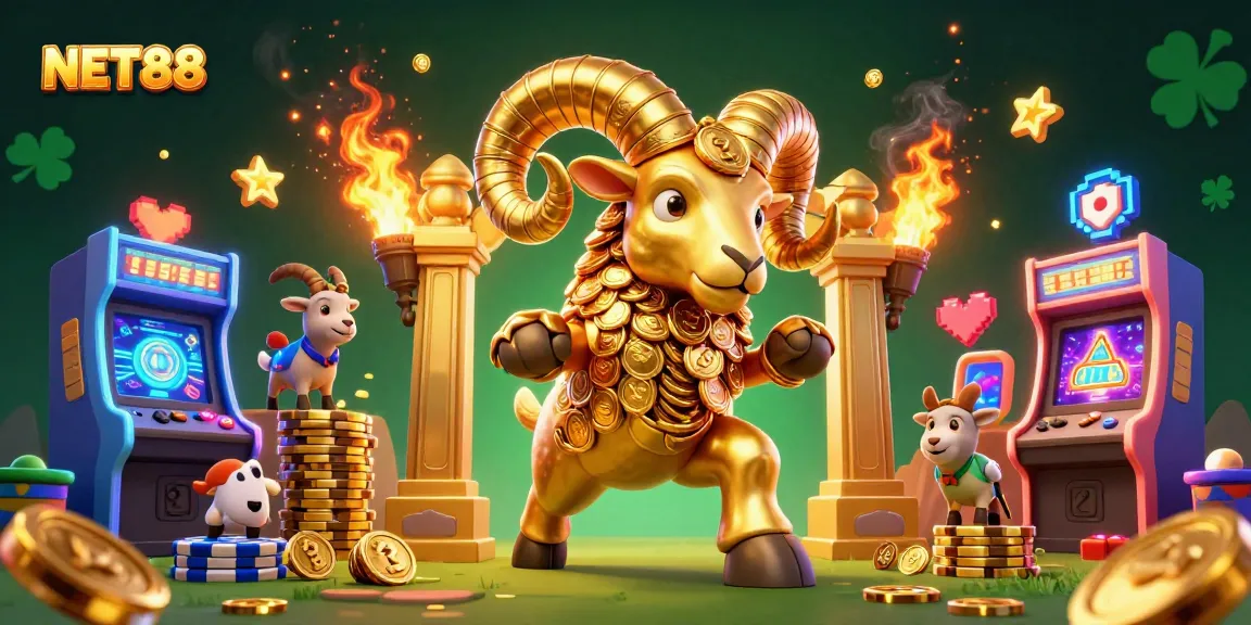 Engage with NET88 in this vibrant scene featuring a golden ram charging through a casino-themed game landscape.