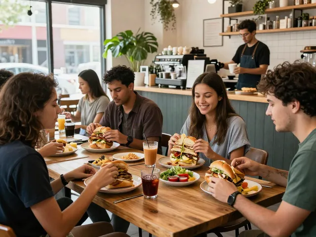 Best brunch Austin scene with friends enjoying NYC-inspired breakfast sandwiches and vibrant sauces in a cozy café.