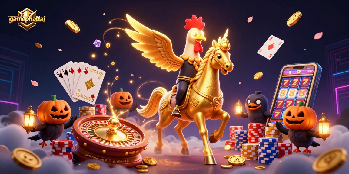 Win big with gamephattai as a golden rooster rides through a vibrant casino scene.