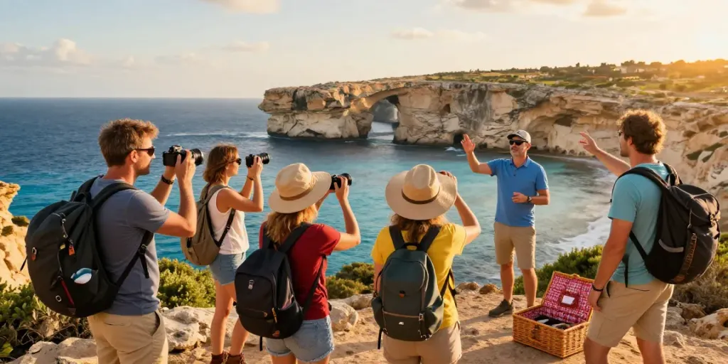 Travelers enjoying Gozo tours at the Azure Window with scenic cliffs and crystal-clear sea.