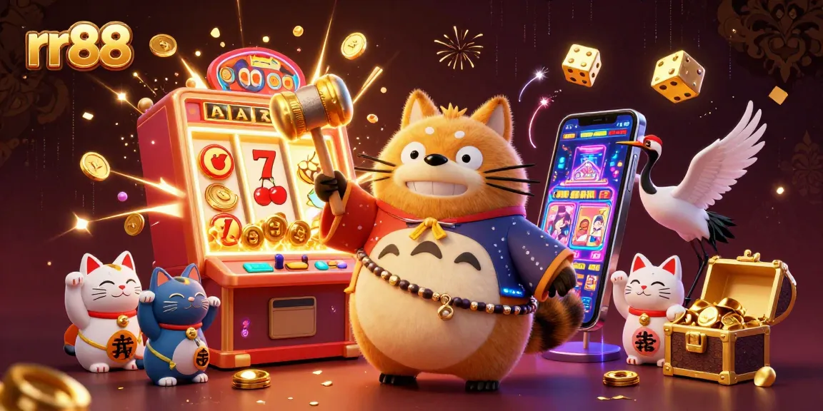 Experience the thrill of rr88 with a vibrant 3D casino illustration of fortune cats, tanuki, and slot machines!