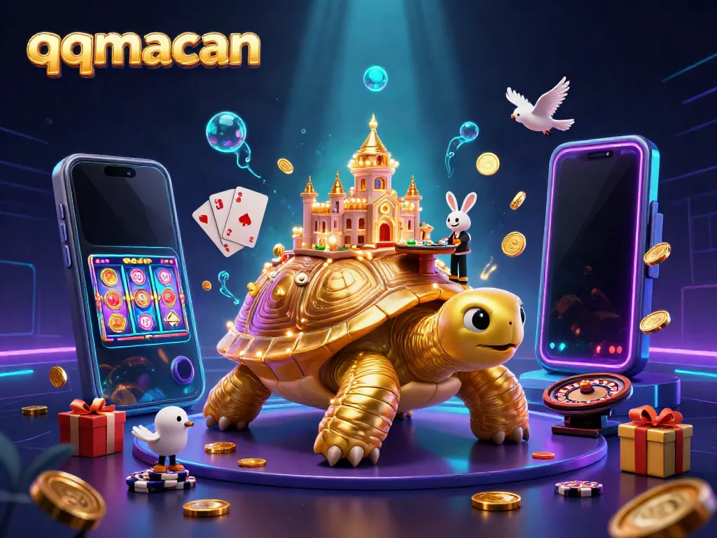 Play exciting games at qqmacan with a captivating illustration of a golden tortoise casino scene.