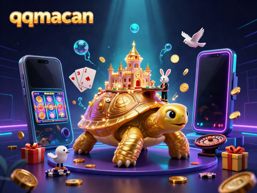 Play exciting games at qqmacan with a captivating illustration of a golden tortoise casino scene.
