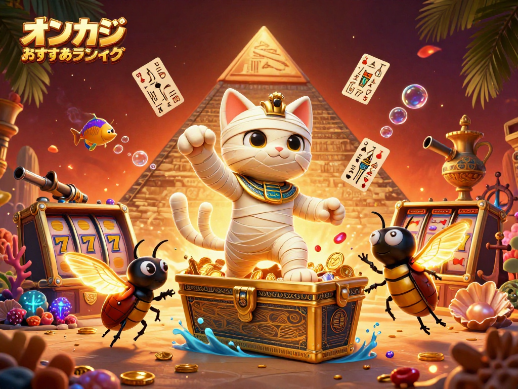 この画像は、オンカジ おすすめランキングの紹介を単に示すもので、エジプトのミイラキャットが黄金の棺から飛び出し、カジノのシーンを演出している。