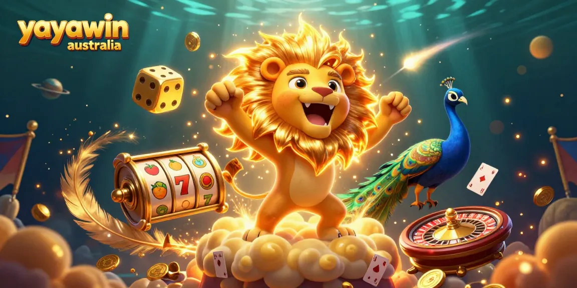 Spin the reels at Yayawin Australia, featuring a sun lion and vibrant casino elements.
