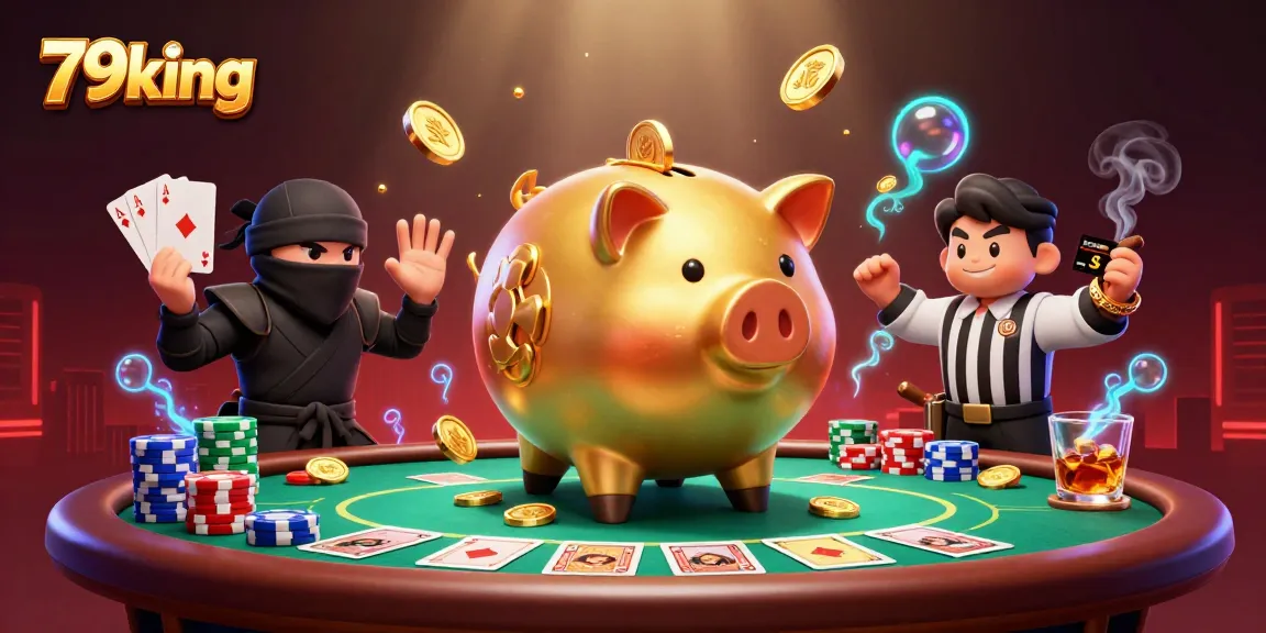 79king promotes thrilling gambling with an epic golden piggy bank sumo wrestler surrounded by poker elements.