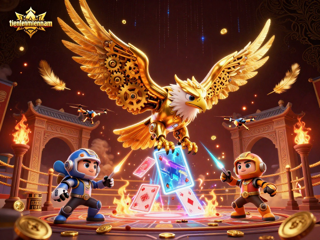 Experience exhilarating gameplay in tienlenmiennam with a cybernetic eagle amid a dynamic casino scene.