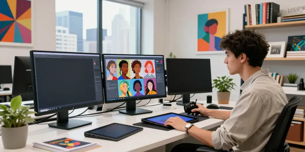 AI porn creative workspace with digital artist designing AI-generated artwork