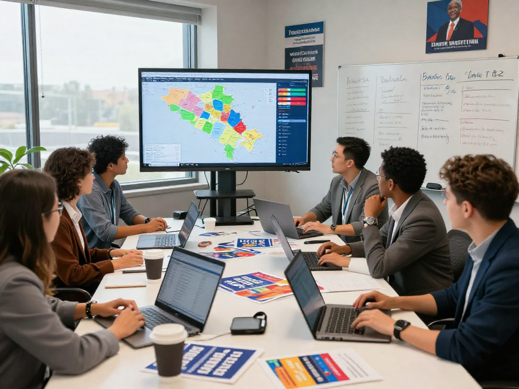 Strategic team engaged in political reputation management during campaign planning session.