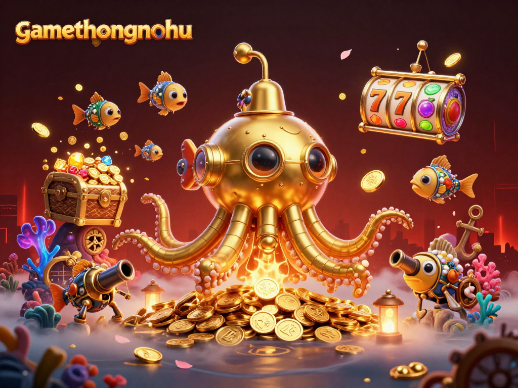 Experience gamethuongnohu with the golden kraken submarine amidst a dynamic underwater casino scene