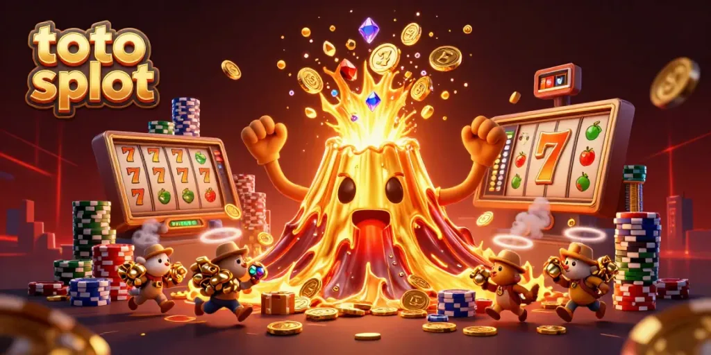 Menikmati keseruan permainan toto slot dengan gunung berapi emas yang mengeluarkan koin dan harta karun.